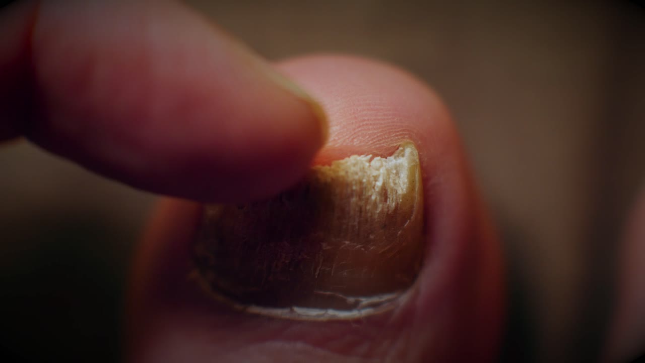 Podologist inspects big toe with fungal nail infection in macro shot