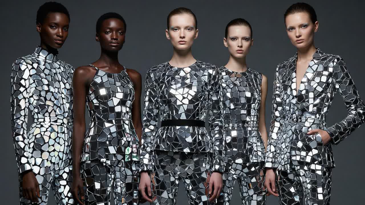 A Stunning Display of Fashion: Five Models Showcase Reflective Mosaic Designs in a Stylish Photo Shoot with Unique Patterns and Textures
