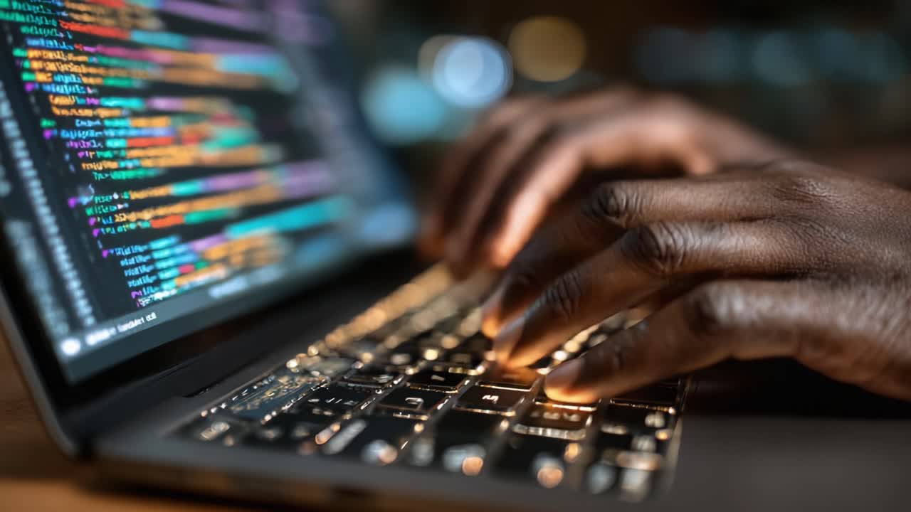 A Close-Up View of Hands Typing on a Backlit Keyboard, Featuring Colorful Code on the Screen, Capturing the Essence of Programming and Technology