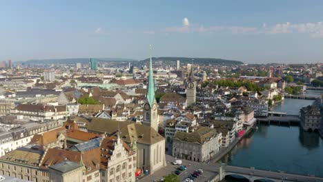 Toma-Panorámica-Aérea-Fija-Que-Revela-El-Río-Limmat-En-El-Centro-De-Zúrich