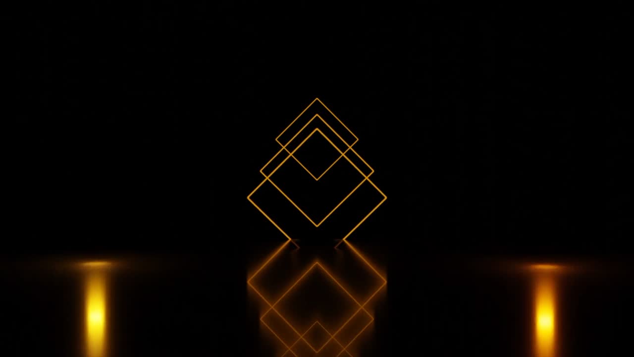기하학적 추상화: 로의 패턴과 회전하는 수직 황금 줄무 디자인, 검은색 배경에 움직이는 로의 실루.