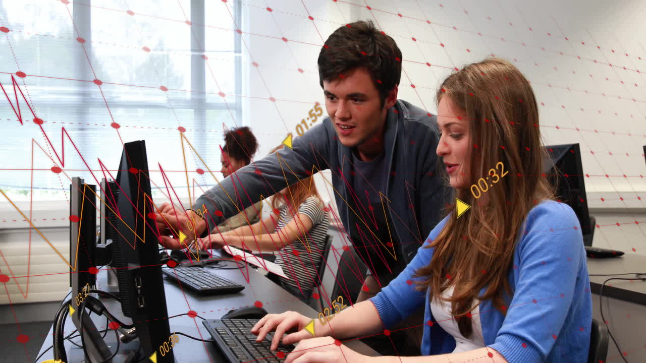 Animation of financial data processing over diverse business people in office