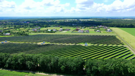 view from the drone of the solar power plant in summer. innovative solar batteries on the field. production of clean energy. ecology concept