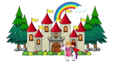 castle, rainbow, dragon, and characters in a forest