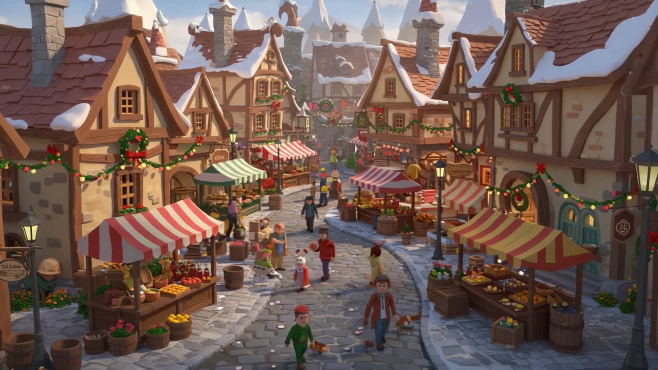 Charming Winter Market Scene with Festive Decorations, Homey Architecture, and Vibrant Activity Capturing the Essence of a Seasonal Holiday Gathering in a Quaint Village