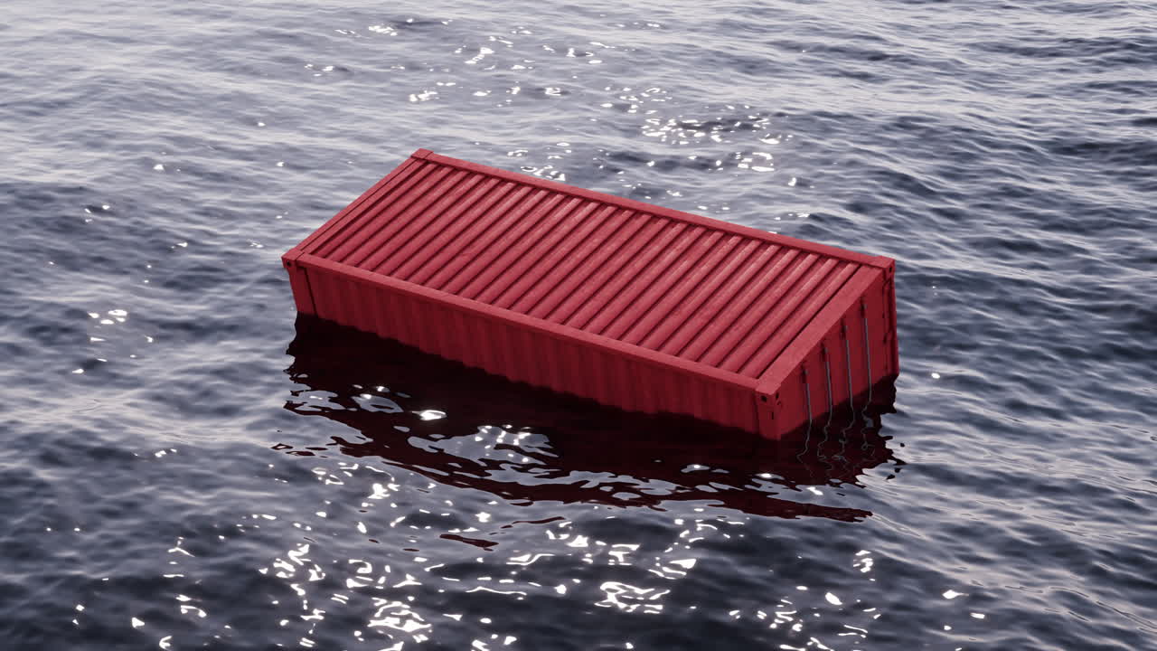 바다에서 떠다니는 화물 컨테이너의 루프 애니메이션, 3d 렌더링