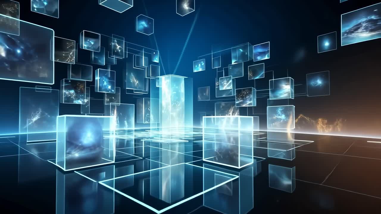 Futuristic digital video concept with floating holographic screens