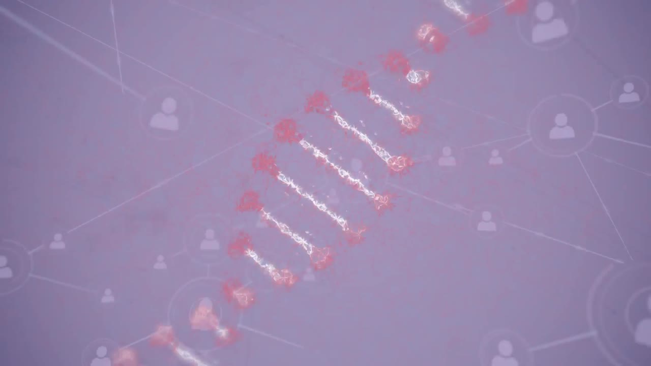 Animazione di filamento di DNA e reti di connessioni su sfondo viola