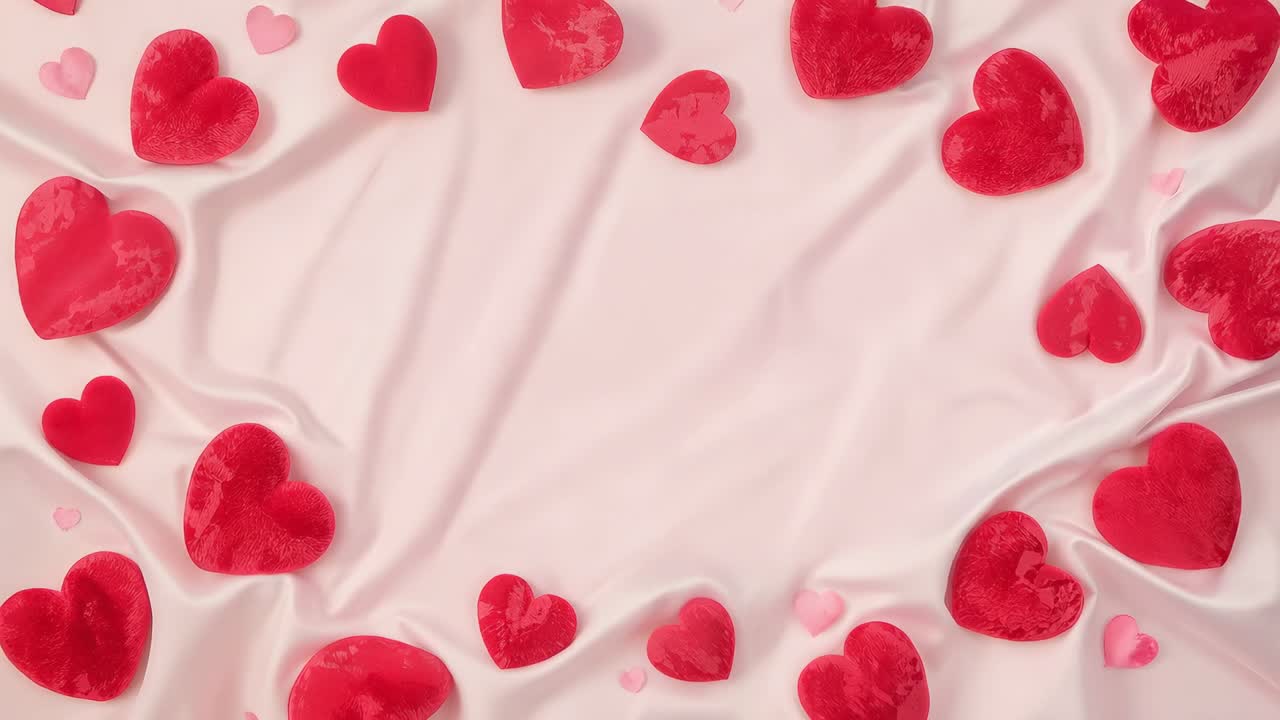 Cuori di peluche rossi che si avvicinano, tessuto di raso rosa pallido che forma pieghe sul copriletto, con coriandoli