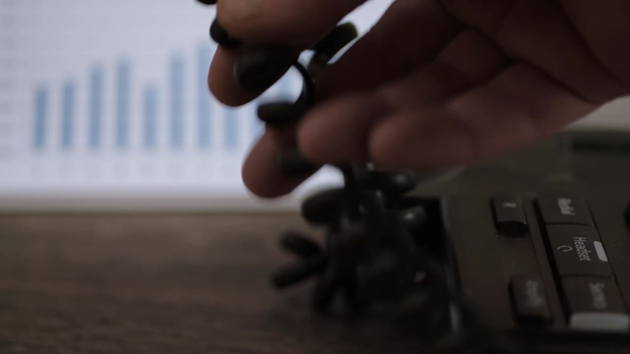 Hand of busy person in phone conversation with blue graph chart background