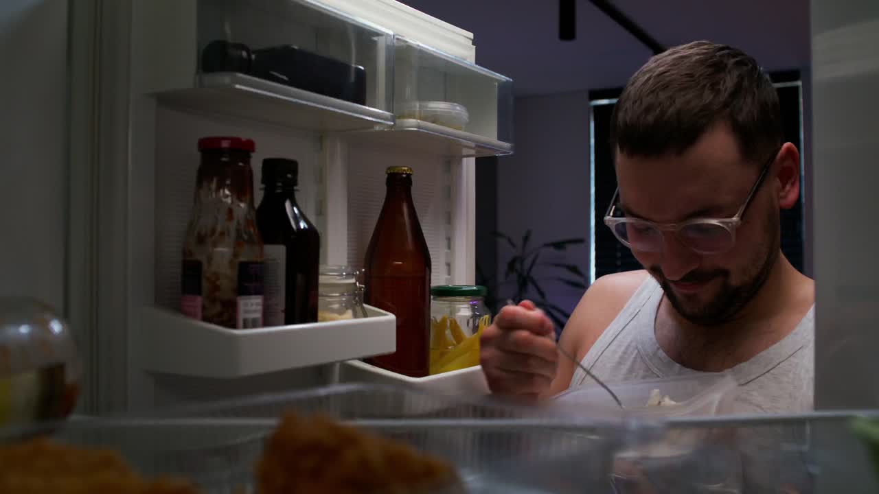 hombre comiendo del refrigerador por la noche