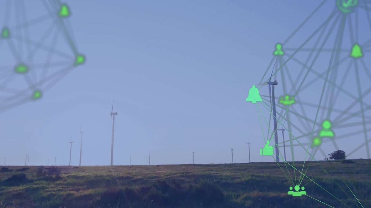 Neon-green network nodes being overlaid onto rolling grassy field with wind turbines in flat design