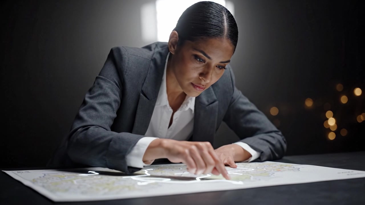 Profissional concentrado analisando mapa detalhado em ambiente com pouca luz, capturando a essência do planejamento estratégico e da atenção aos detalhes geográficos.