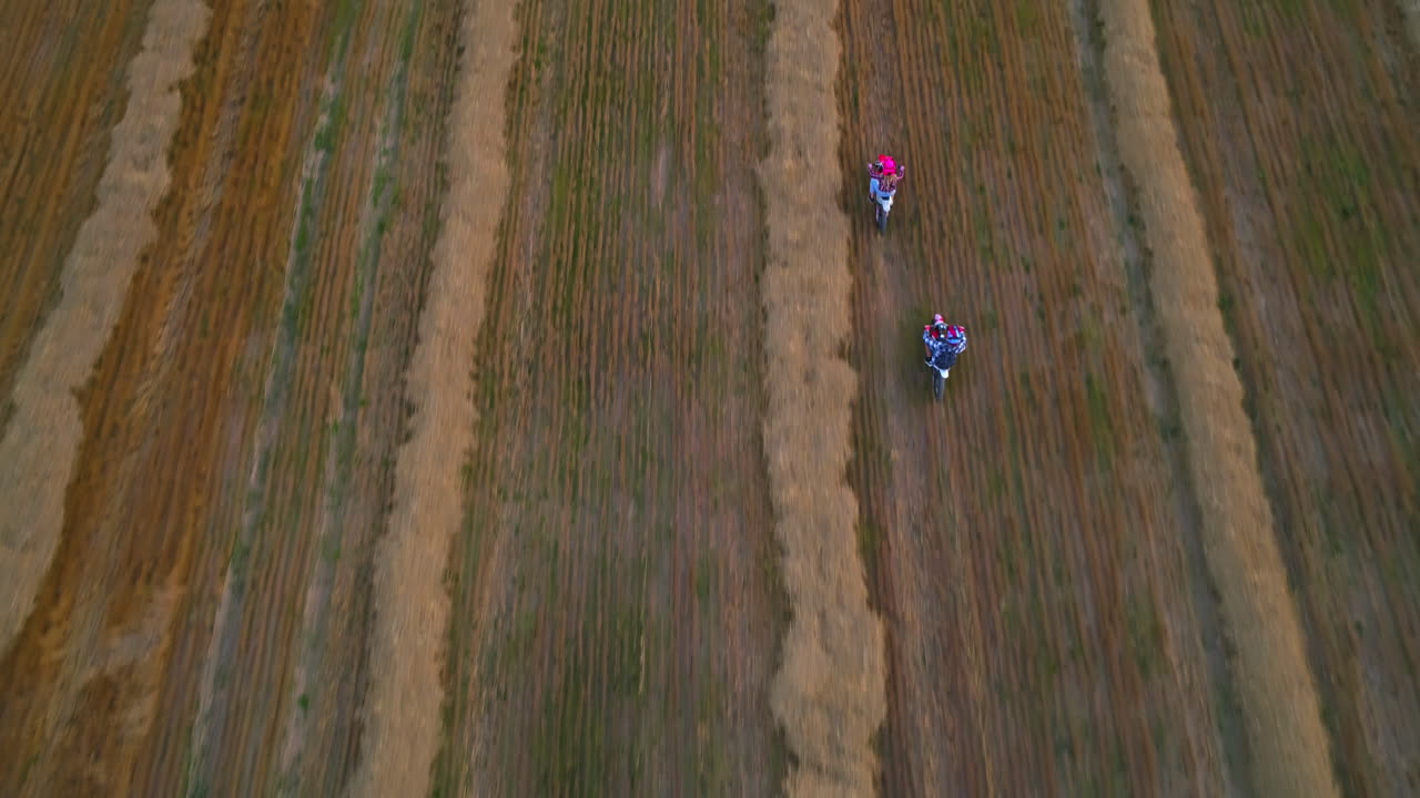 Aerial View of Two Motorcyclists Riding in a Field