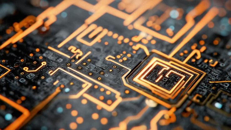 Detailed Close-Up of a Circuit Board Featuring Intricate Patterns and a Complex Microchip Design Against a Dark Background