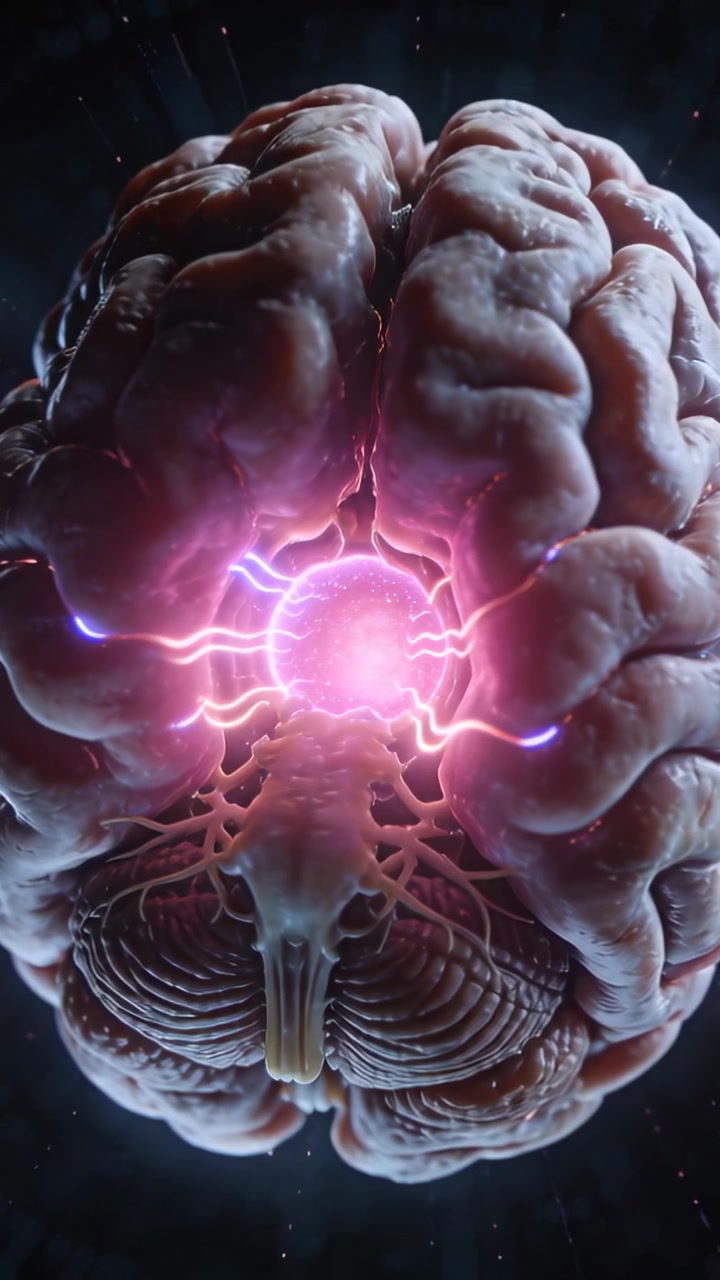 Vertical video: Pulsing pink core in brain model firing arcs along brainstem in void, signaling