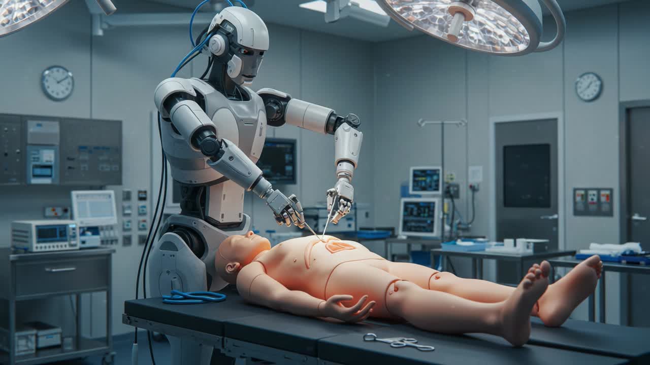 Advanced Robot Performing Surgical Procedure on Medical Mannequin in High-Tech Operating Room Environment with Precision Instruments and Monitoring Equipment