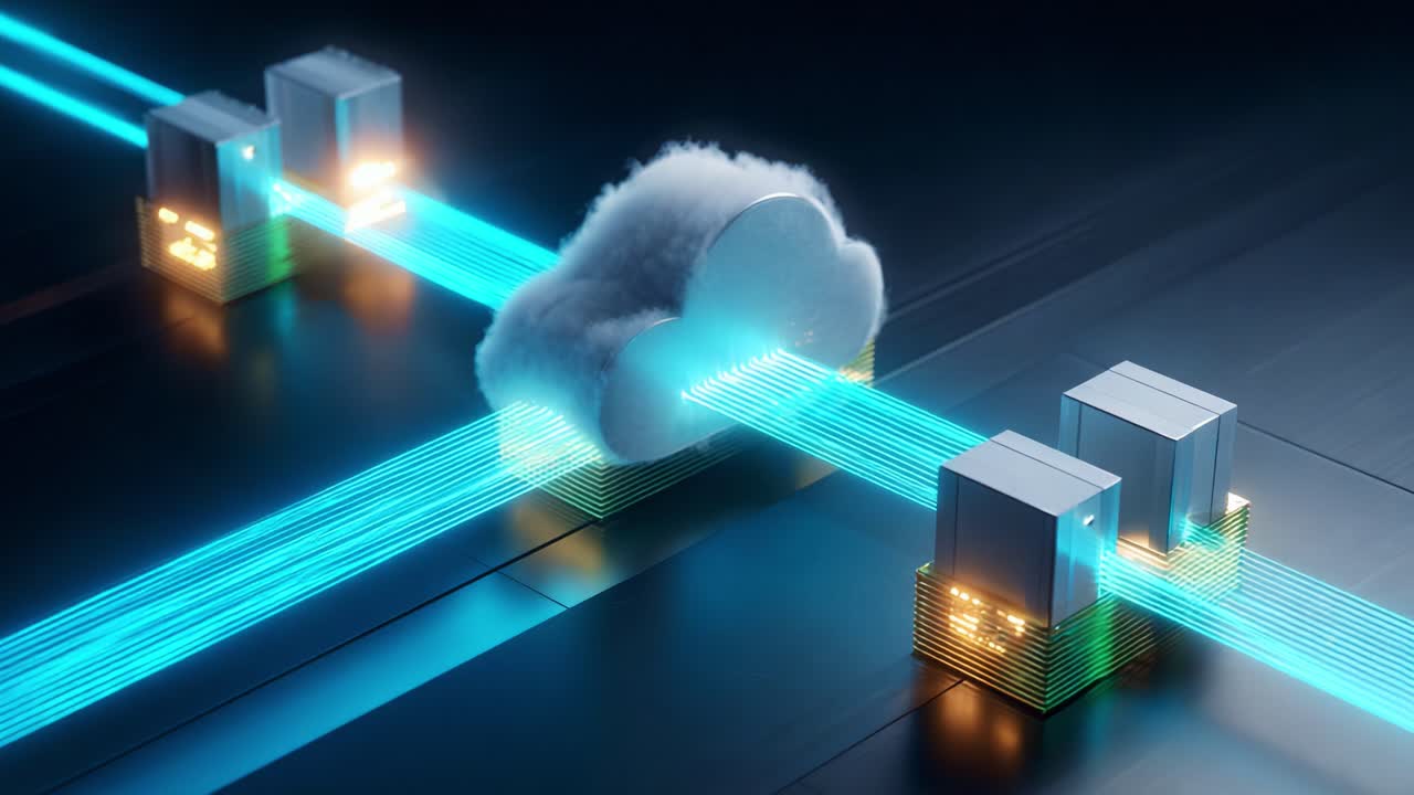 A Futuristic Representation of Cloud Computing with Data Streams Connecting Servers and a Central Cloud, Symbolizing Modern Technology and Information Exchange in a Digital Landscape