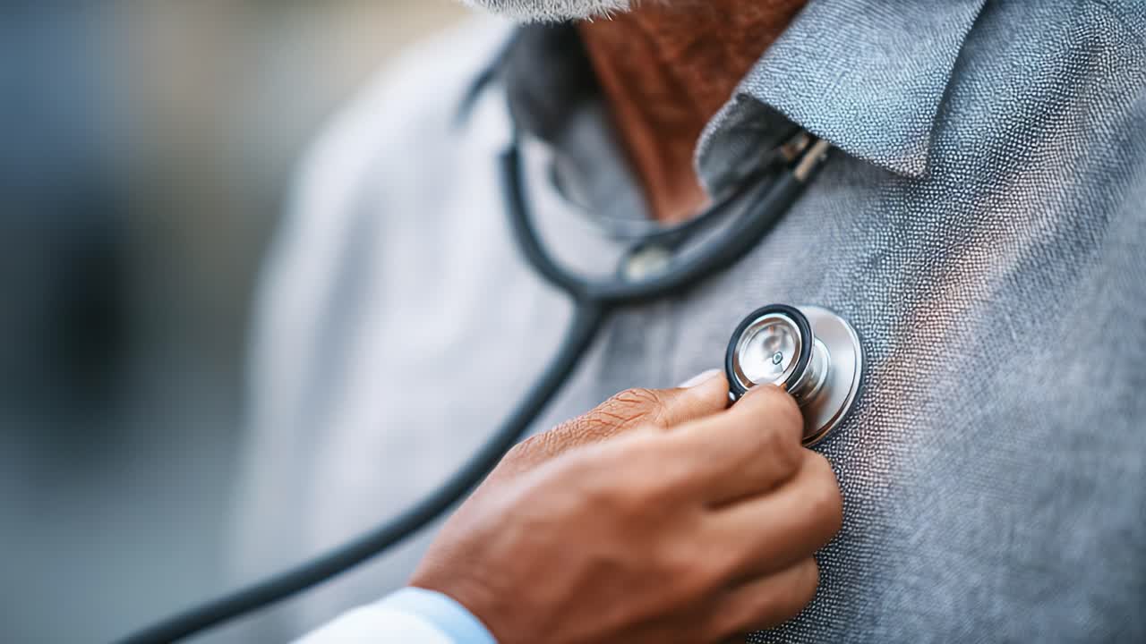 A close-up examination of a senior patient's health during a routine check-up, highlighting the care provided by a medical professional using a stethoscope