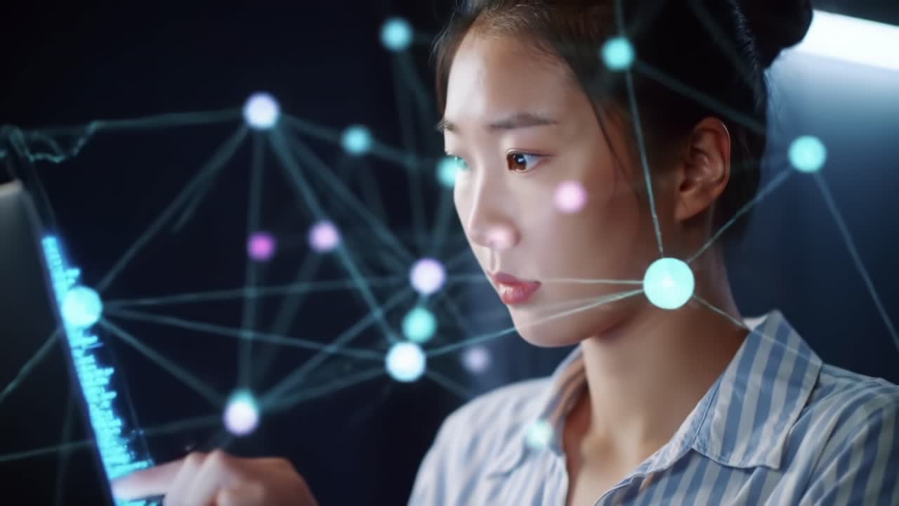 A focused young woman interacting with a futuristic digital interface, exploring complex data visualizations represented by colorful nodes and connections in a high-tech environment