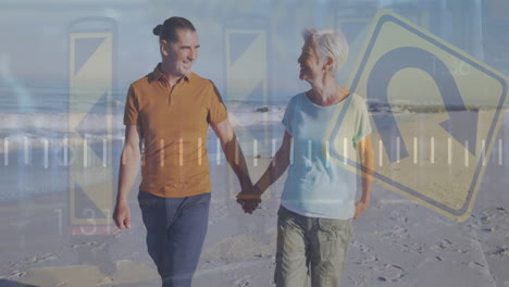 animación de señales de tráfico y procesamiento de datos financieros sobre una pareja caucásica anciana en la playa.