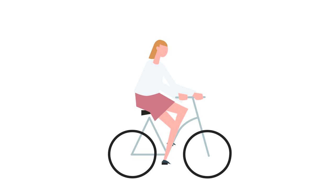 Flat cartoon colorful woman character animation. Girl ride bike cycle situation