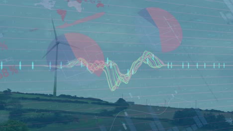 Animation-Von-Statistiken-Und-Datenverarbeitung-über-Windkraftanlage-Auf-Blauem-Hintergrund