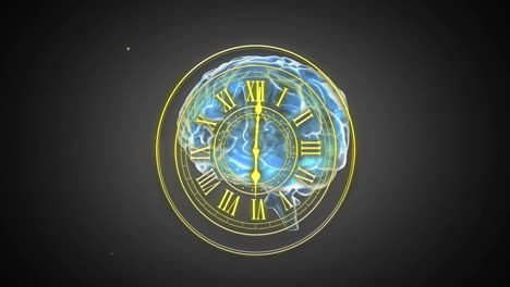 clock face glowing with roman numerals on blue and yellow animation background