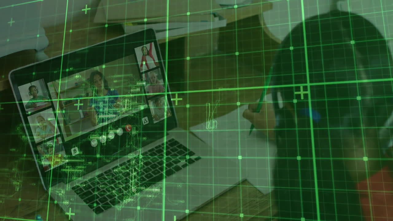 Taking notes during virtual meeting with green animation overlay in background