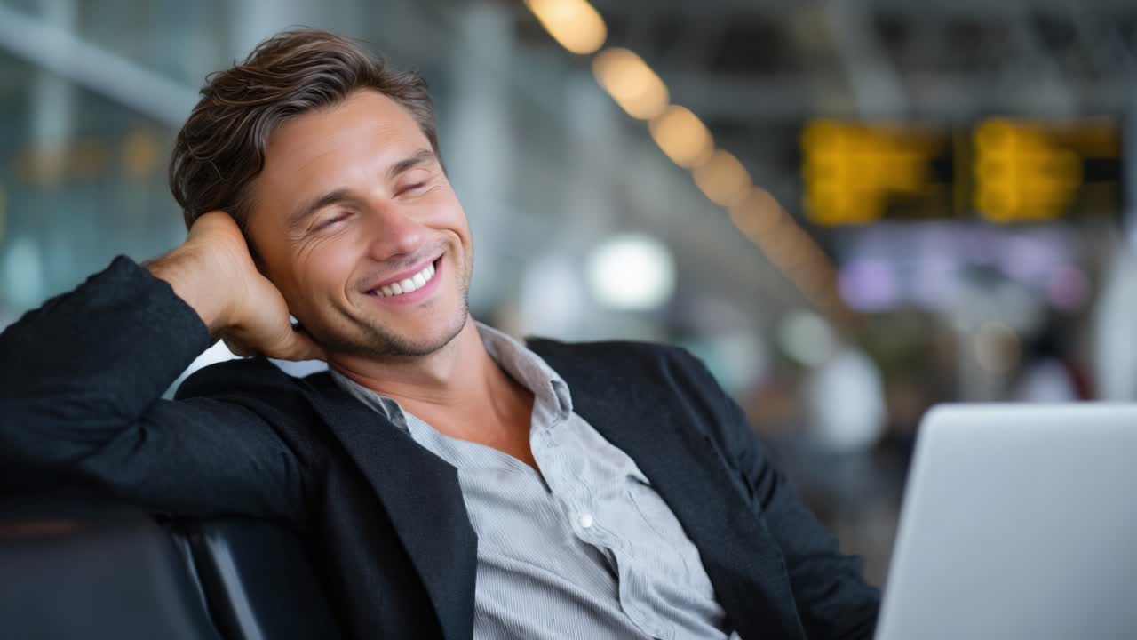 Un hombre con una actitud relajada está sentado en una terminal de aeropuerto disfrutando de un momento de paz mientras trabaja en su portátil, transmitiendo confianza y satisfacción.