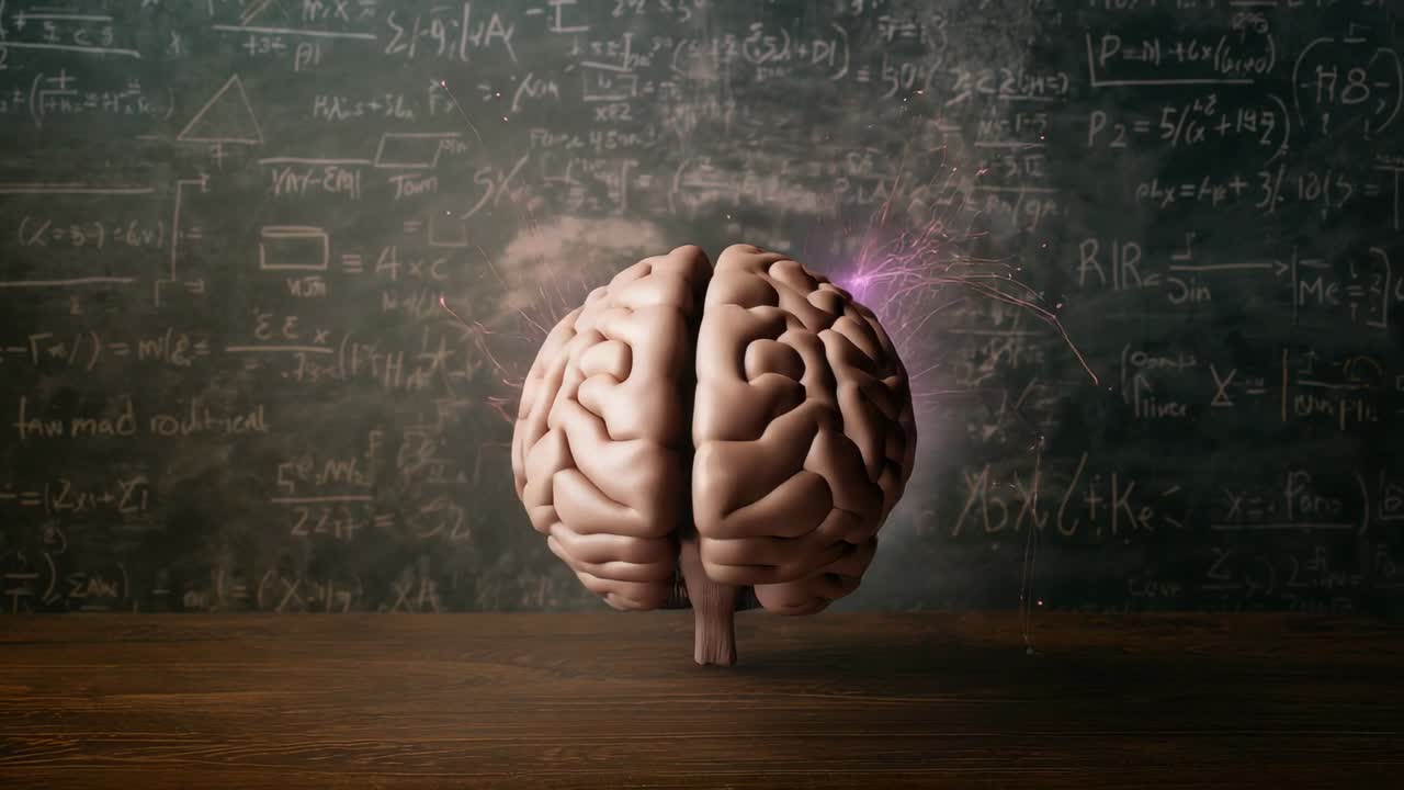 Schwebendes 3D-Gehirnmodell sendet Funken und pulsierende Fasern über einem Holztisch, mathematische Formeln an der Tafel für den Unterricht.