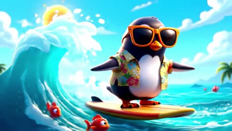 a cool surfing penguin in sunglasses rides the waves, bringing fun and joy on a bright sunny day with colorful fish swimming around