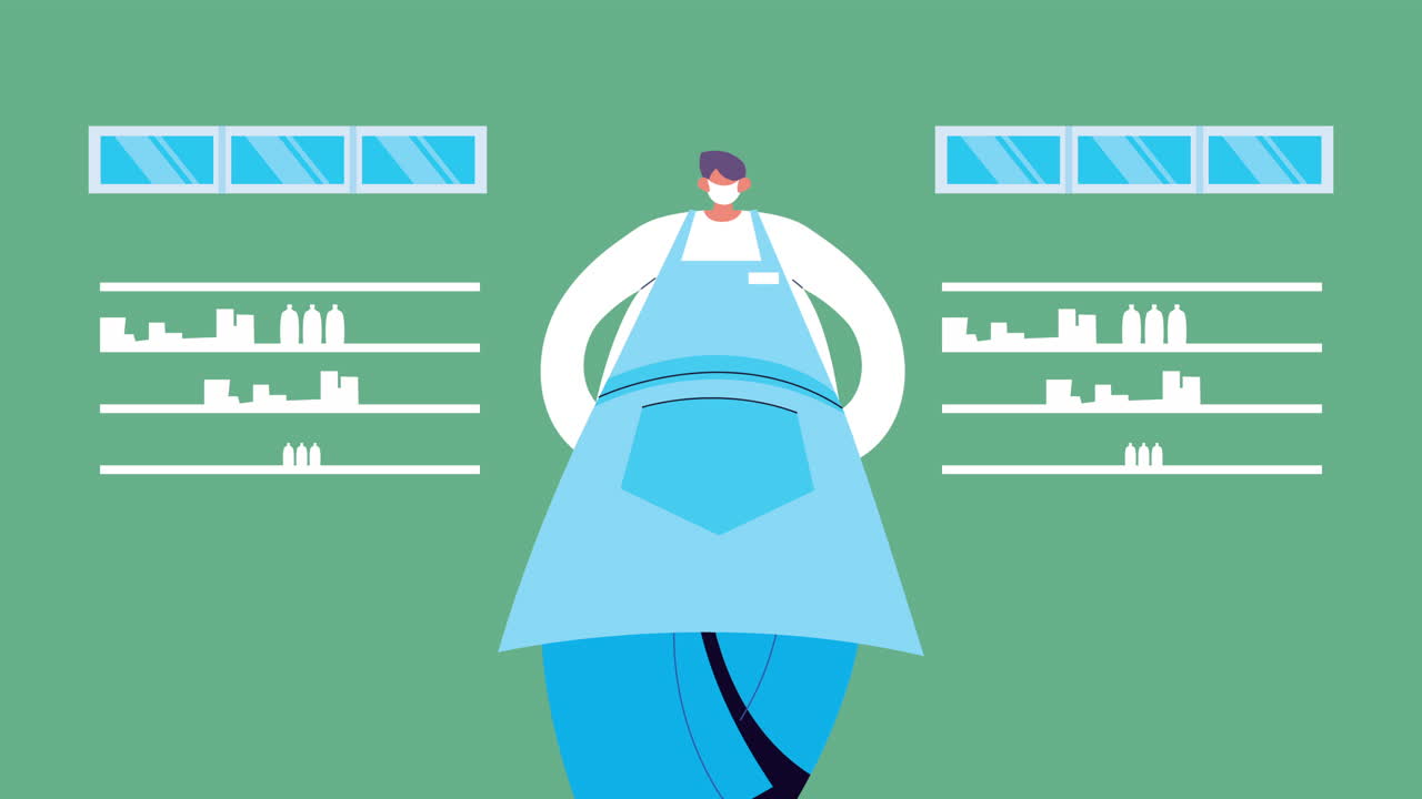 메디컬 마스크를 착용한 주부가 슈퍼마켓에서 코로나19 보호를 위해 식료품을 구입하고 있습니다.