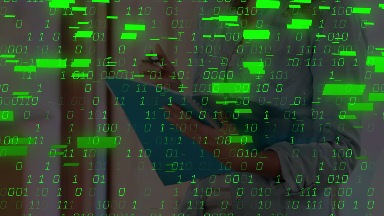 Binary code and green data processing animation over person using tablet
