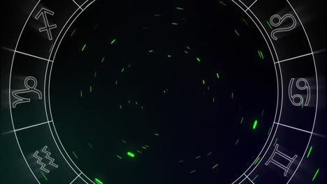 Animation-Des-Sich-Drehenden-Astrologischen-Rades-Mit-Sternzeichensymbolen-Auf-Kosmischem-Hintergrund