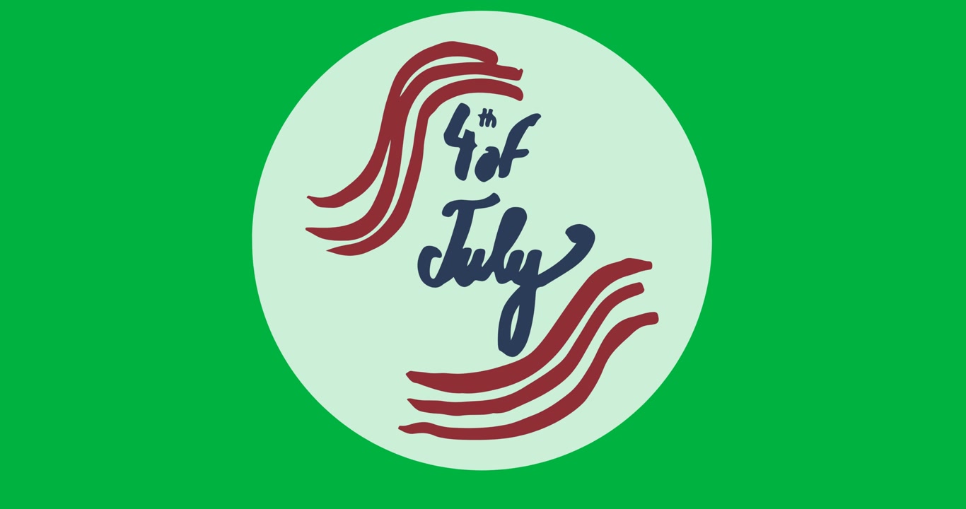 Digital animation af 4. juli tekst på hvidt cirkulært banner mod sort baggrund