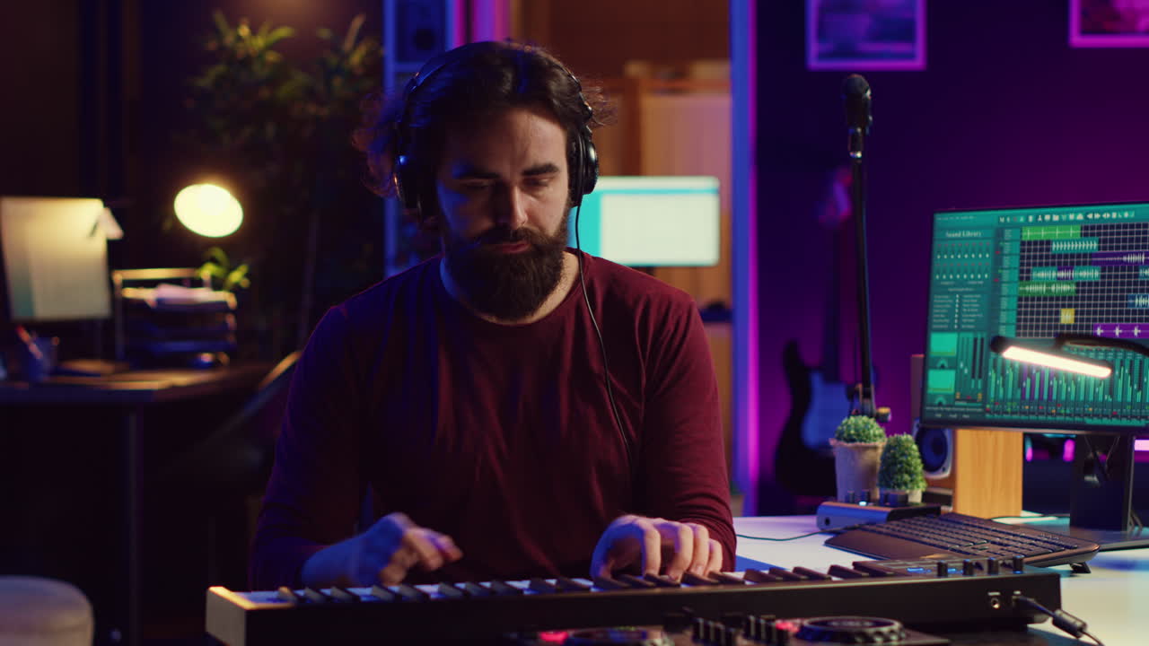 artista componiendo una canción en un teclado de piano electrónico en un estudio de grabación en casa