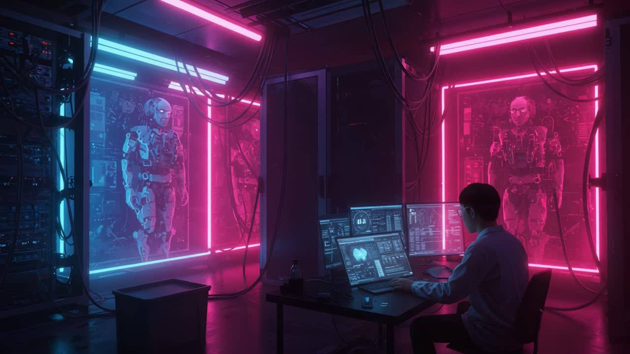 A lone technician analyzes advanced robotic entities within a high-tech environment, illuminated by vibrant pink and blue lights, showcasing futuristic technology and design