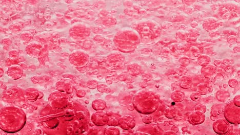 macro shot of red bubbles in water floating right with yellow background