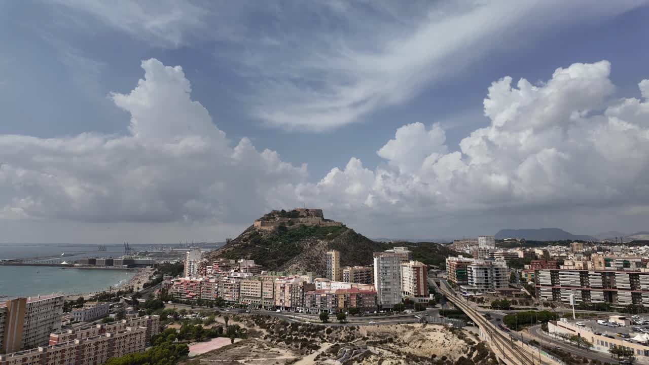 Panoramic time lapse of Alicante City, Spain, with a view of city center, Castle and the Mediterranean Sea. 4K