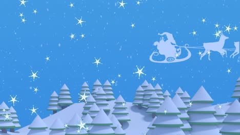 Animation-of-stars-over-winter-landscape-against-santa-claus-in-sleigh-being-pulled-by-reindeers