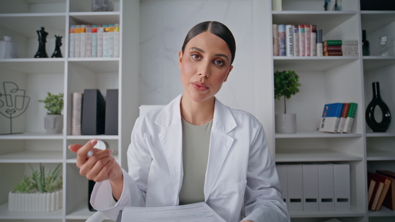 Doctor providing telemedicine call looking webcam in healthcare office closeup