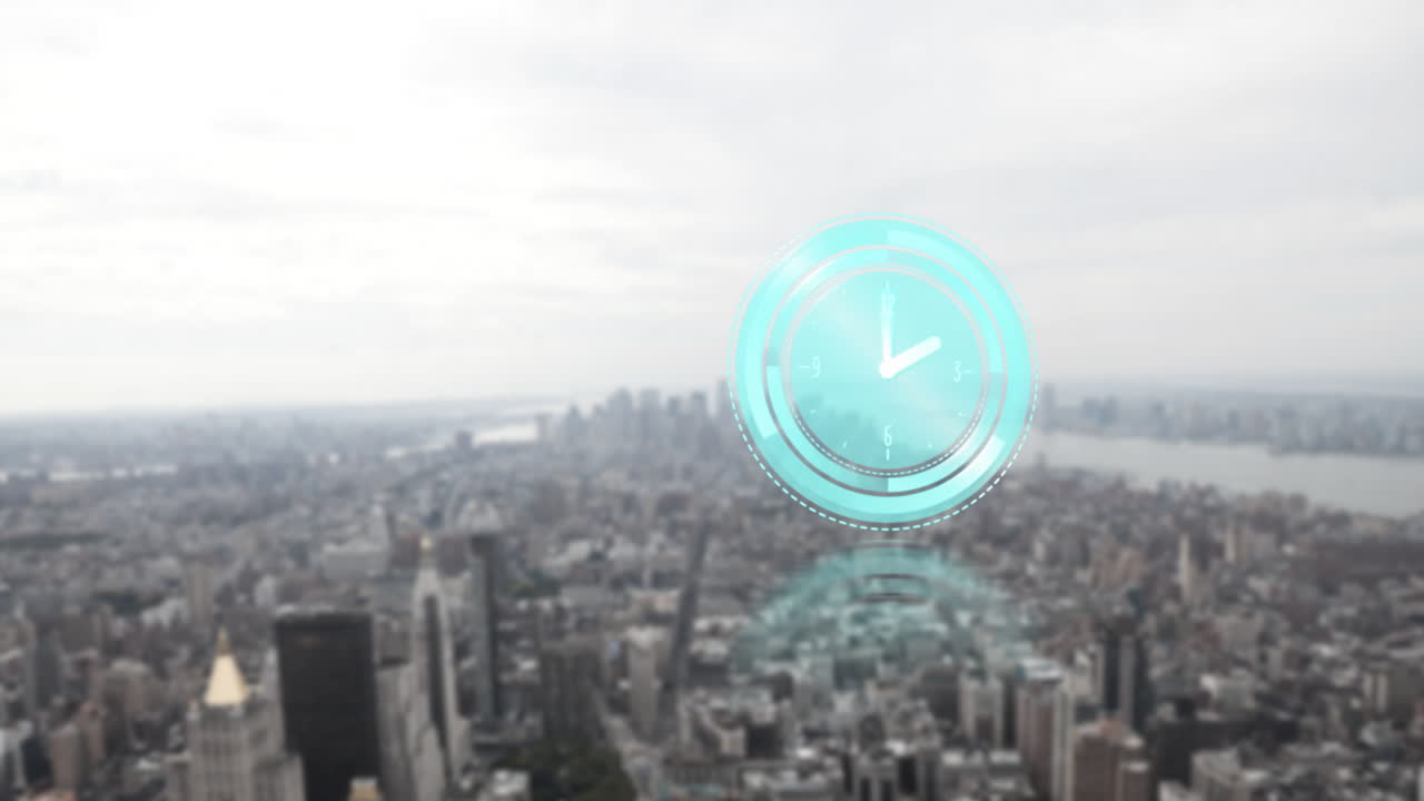 Aerial view of city skyline with futuristic clock animation overlaying buildings