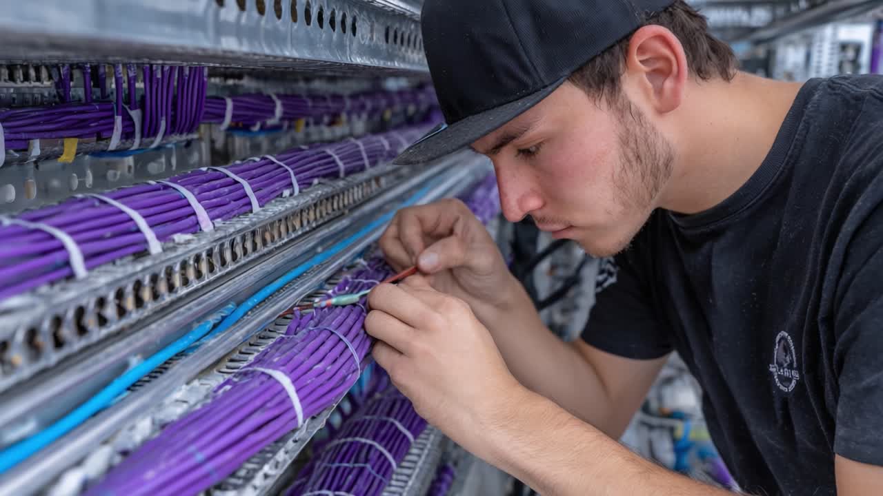 Skilled Technician Engaged in Precision Wiring and Cable Management in a Network Environment Displaying Modern Connectivity Solutions