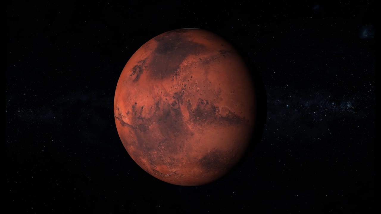 Realistic Mars planet spinning in space, among the stars, loop 4k