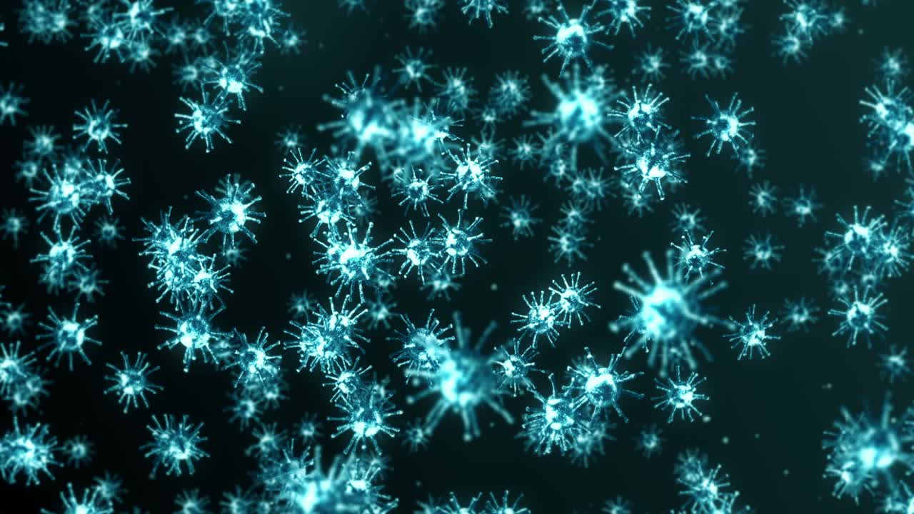 Flying many virus cells on black background. Medical concept, Microscopic illustration. 3D animation of virus molecule rotating. Loop animation.