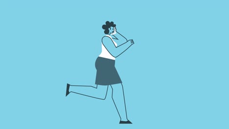 diseño plano gráfico mujer en negrita personaje de dibujos animados correr ciclo con llamada de teléfono móvil bucle aislado animación 2d con alfa
