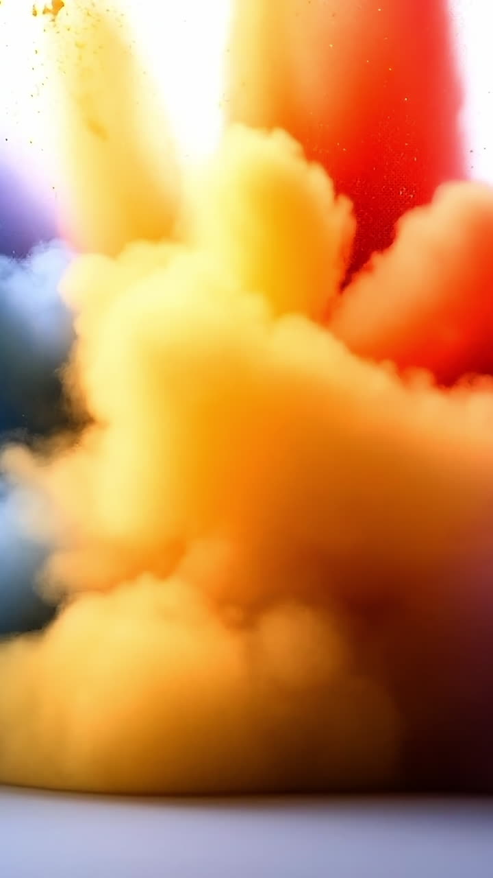 Vibrant smoke burst at fest. Vivid clouds of colored powder burst in vibrant hues, creating a dynamic display of color in a festive atmosphere.