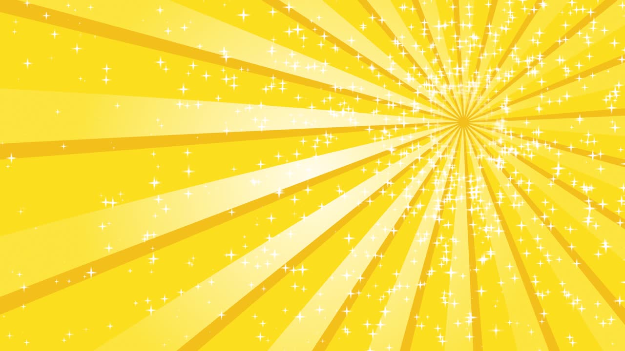 Radiate yellow lines spin around the upper right of the background with twinkle stars.