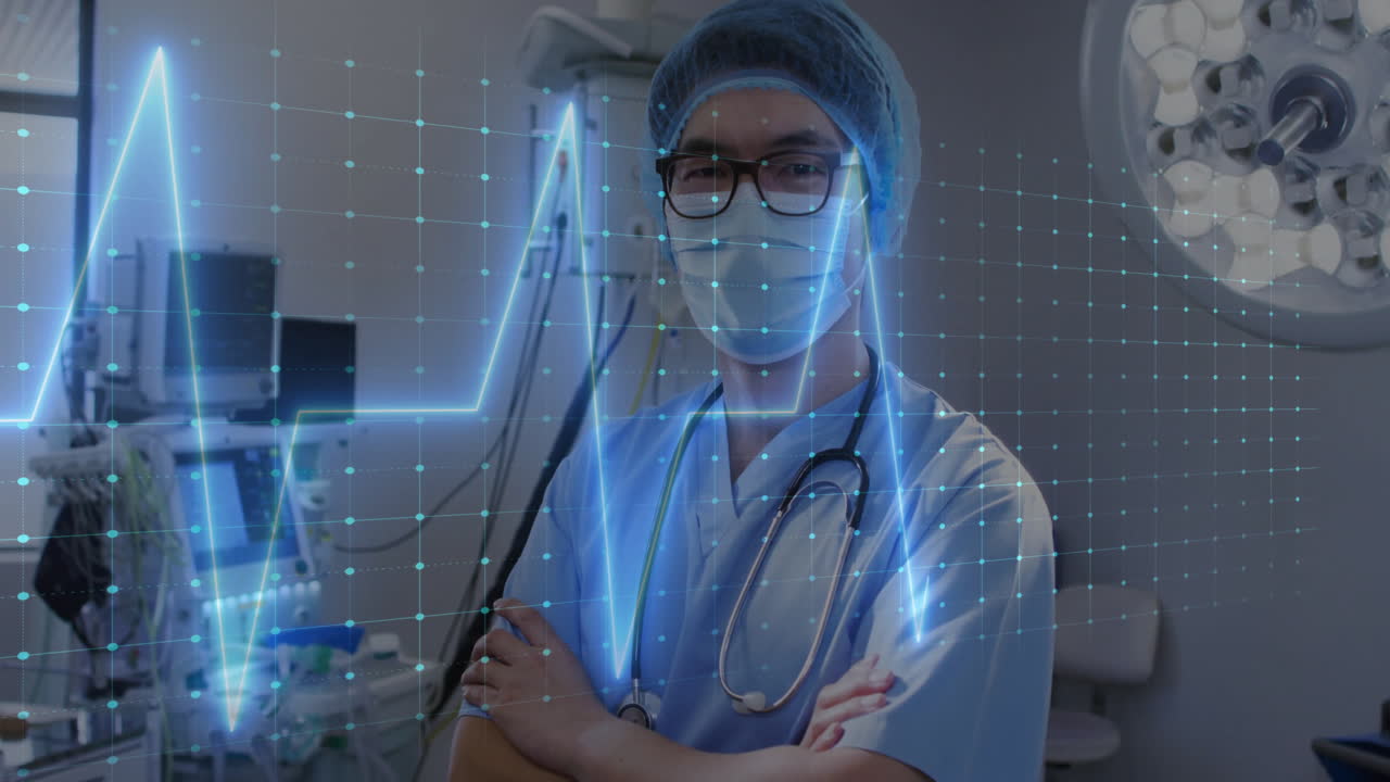 Animation of cardiograph over asian male surgeon in operating room